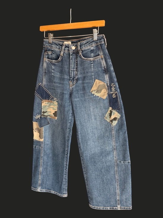 PILCRO ANTHROPOLOGIE Kenna Mid Rise Heritage Barrel Jeans Camo Patchwork 24 - Picture 2 of 11